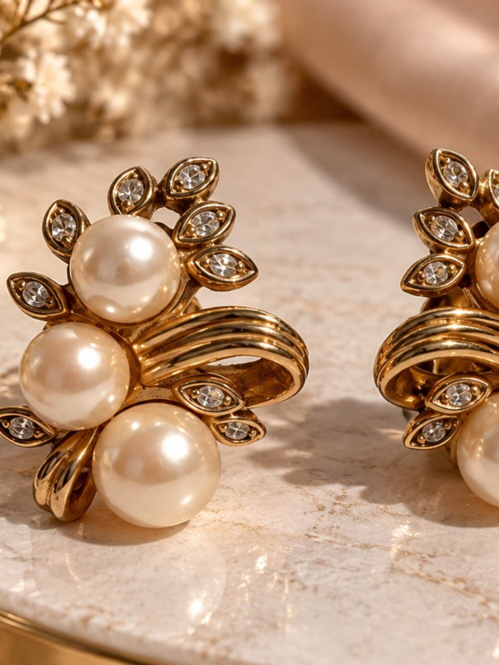 Vintage Richelieu Faux Pearl Rhinestone Clip On Earrings Gold Tone